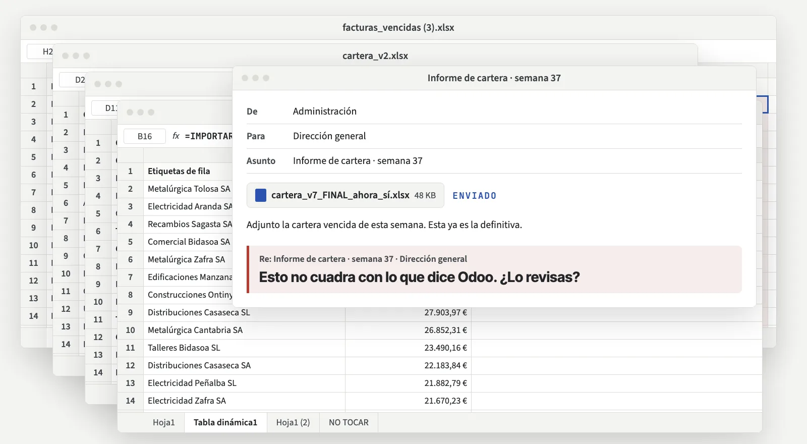 Recreación del proceso manual: ventanas apiladas de un Excel exportado de Odoo, versiones sucesivas de la hoja de cartera y un correo que responde «Esto no cuadra con lo que dice Odoo».